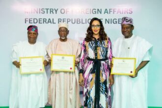 L-R Ambassador Ayodele Oke – Ambassador-Designate to France; Ambassador Aminu Dalhatu – Ambassador-Designate to the United Kingdom; Bianca Ojukwu–Minister of State for Foreign Affairs; and Senator Jimoh Ibrahim – Permanent Representative-Designate to the United Nations, New York.